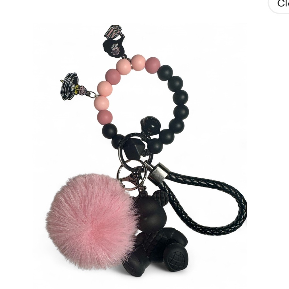Pink & Black Beaded Pom-Pom and Black Bear Keychain Wristlet - Picture 2 of 7